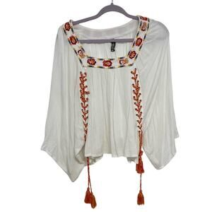 Ban Jara White Copped Puff Sleeve Floral Embroidered Boho Blouse Womens M